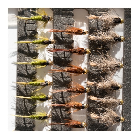 18 Barbless Gold Head Nymphs Trout Fly fishing Flies GRHE, Pheasant Tail & Rough Olive